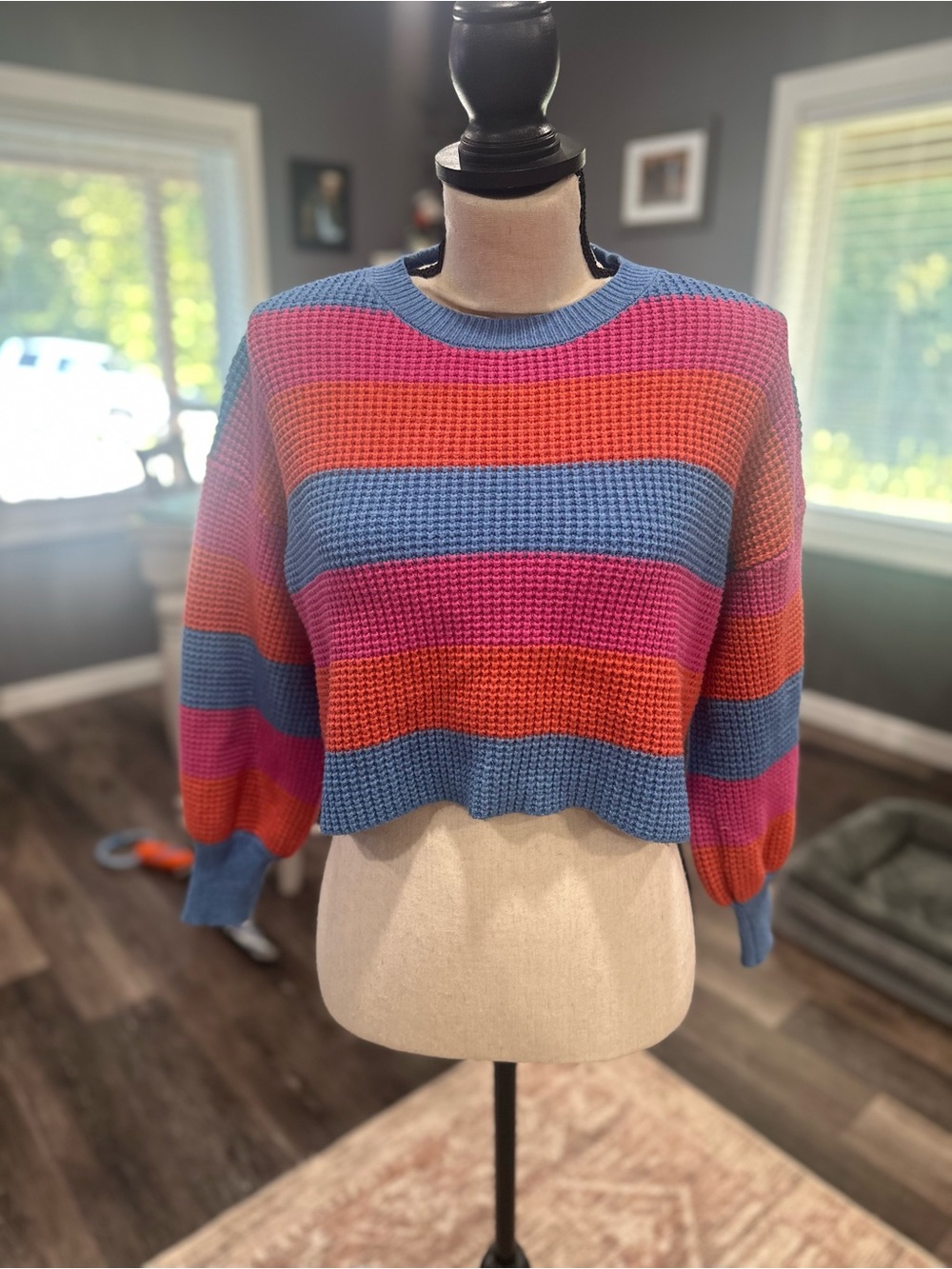 THML Multi Color Block Sweater Cropped Waffle Knit Fall Anthro Size Small Boho